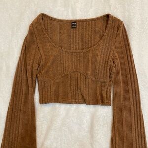 SHEIN Chest-Seam Ribbed Long Sleeve Crop Top in Cognac